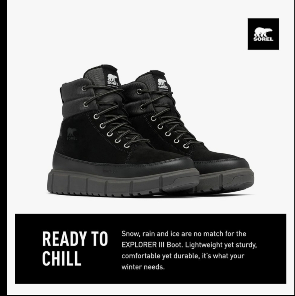 Sorel Men's Black Explorer III Waterproof Winter Boots